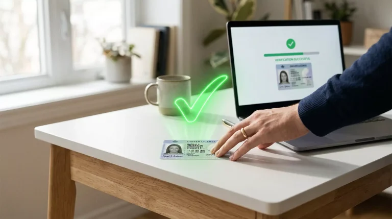 Sweepstakes casino KYC verification with ID document and approval checkmark